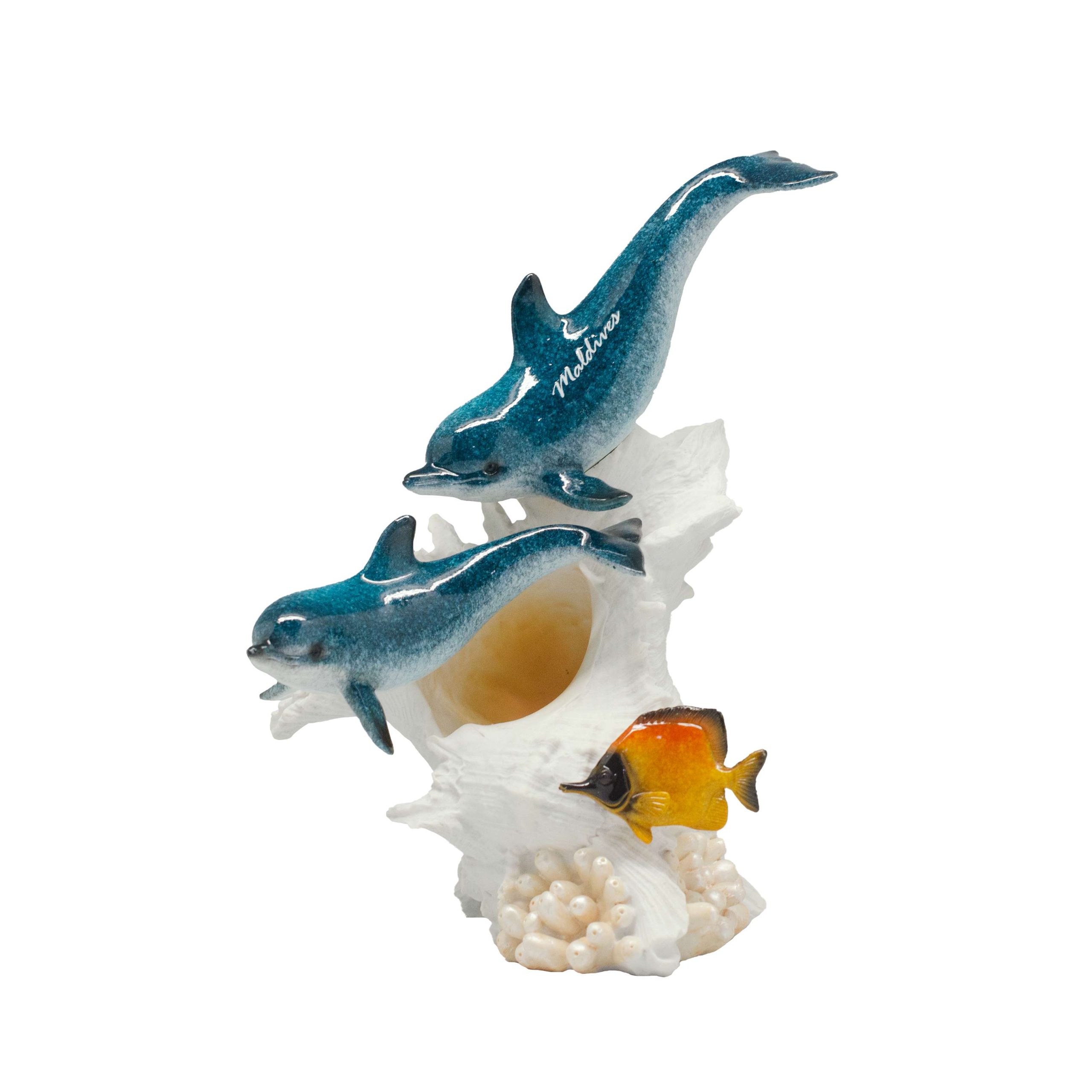 61166 (1) POLY 2 DOLPHINE ON CORAL SHELL - Image 1