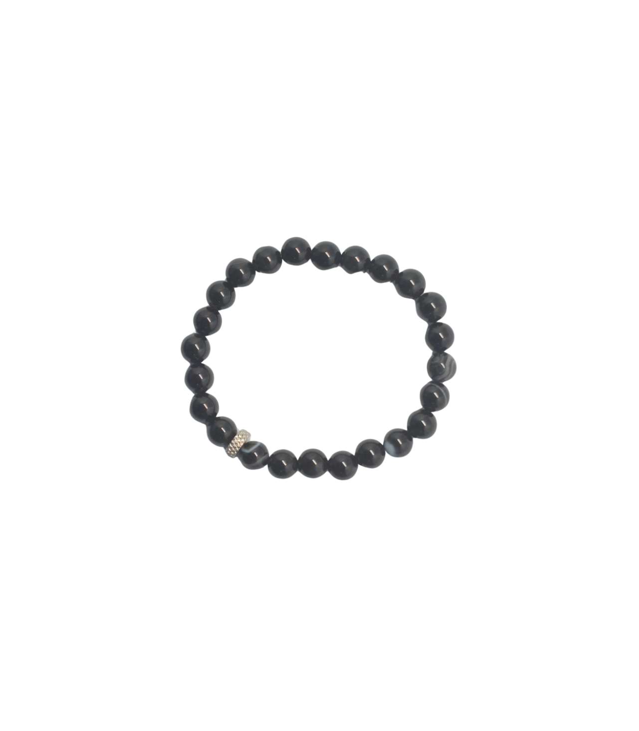 30734 SEMI-PRECIOUS STONE BRACELET- BLACK STRIPED AGATE-8MM ROUND BEADS- 7INCHES - Image 1