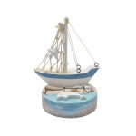 WOODEN SAIL BOAT ON ROUND STAND 6"X3.5"