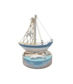 WOODEN SAIL BOAT ON ROUND STAND 6"X3.5"
