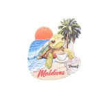 MAGNET CARTOON TURTLE, WITH COFFEE CUP ON BEACH